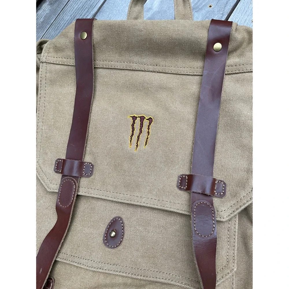 Monster Energy Canvas Backpack Tan Brown Rucksack Limited Edition Promo ~Flaw